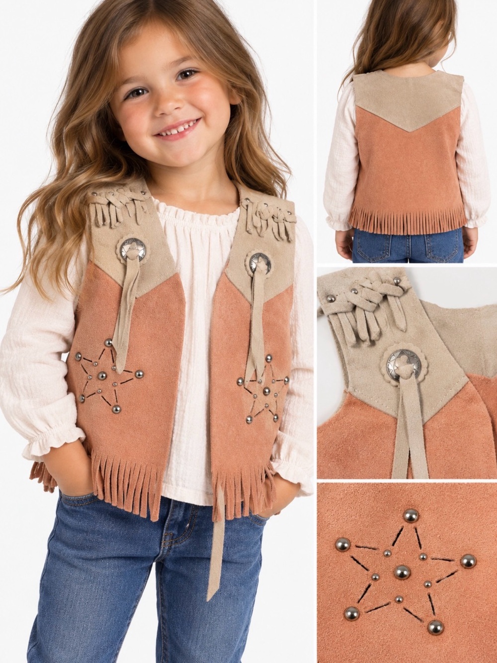 Western-style fringe vest Girls Suede Fringe Vest in Peach& Cream 100% leather